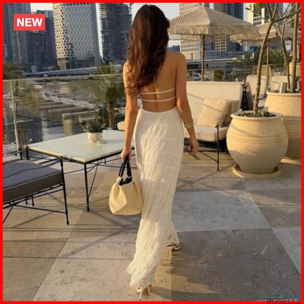 Polyester Textured Halter Backless Maxi Dress For… - image 6